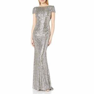 BRAND NEW Badgley Mischka Women's Cowl Back Sequin Classic Gown Dress, Pewter, 8